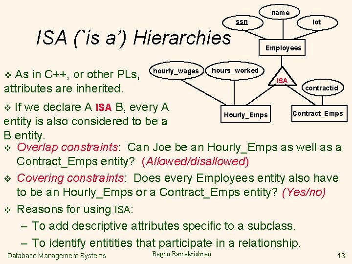 name ssn ISA (`is a’) Hierarchies As in C++, or other PLs, attributes are