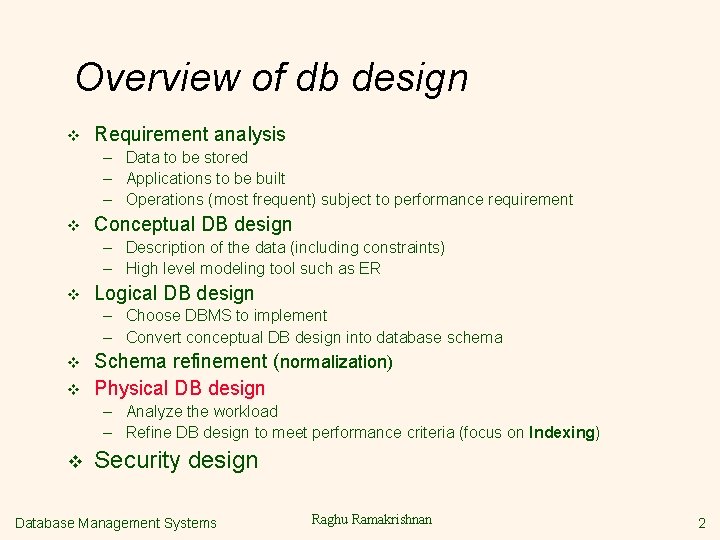 Overview of db design v Requirement analysis – Data to be stored – Applications