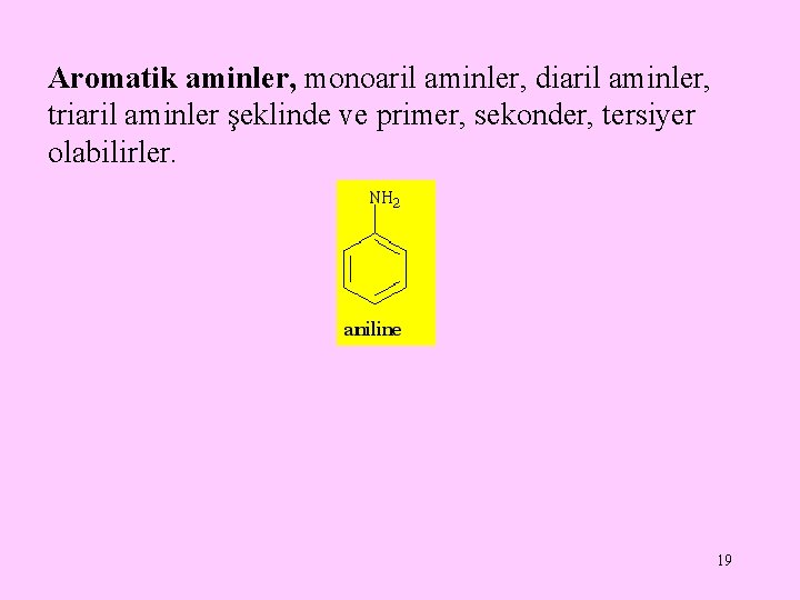 Aromatik aminler, monoaril aminler, diaril aminler, triaril aminler şeklinde ve primer, sekonder, tersiyer olabilirler.