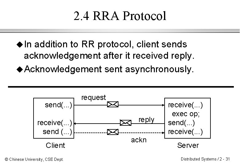 2. 4 RRA Protocol u In addition to RR protocol, client sends acknowledgement after