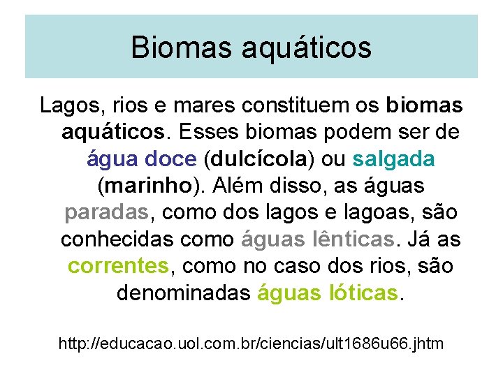 Biomas aquáticos Lagos, rios e mares constituem os biomas aquáticos. Esses biomas podem ser