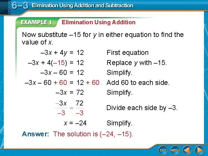 Elimination Using Addition Now substitute – 15 for y in either equation to find Elimination Using Addition Now substitute – 15 for y in either equation to find