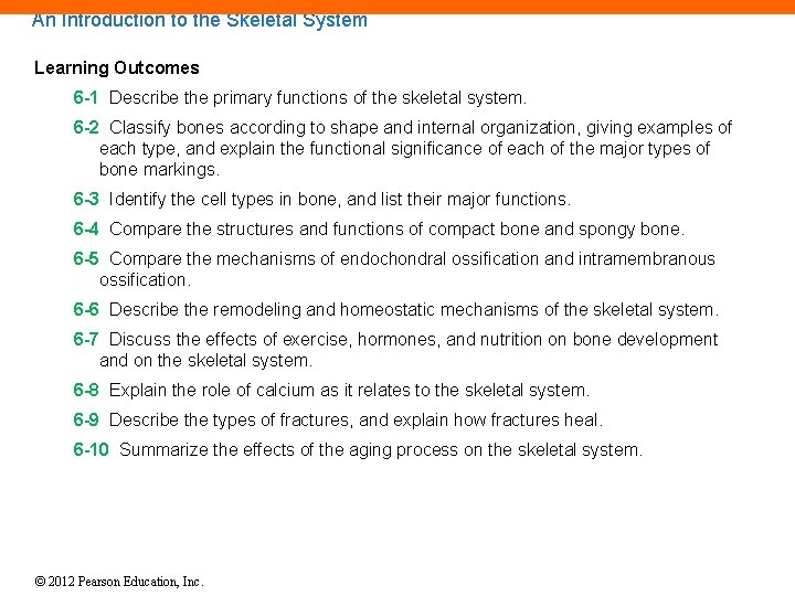 An Introduction to the Skeletal System Learning Outcomes 6 -1 Describe the primary functions