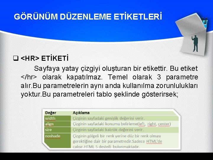 GÖRÜNÜM DÜZENLEME ETİKETLERİ q <HR> ETİKETİ Sayfaya yatay çizgiyi oluşturan bir etikettir. Bu etiket