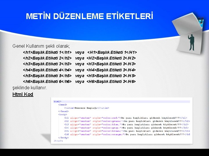 METİN DÜZENLEME ETİKETLERİ Genel Kullanım şekli olarak; <h 1>Başlık Etiketi 1</h 1> <h 2>Başlık