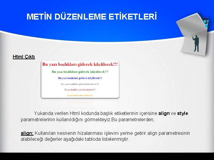 METİN DÜZENLEME ETİKETLERİ Html Çıktı Yukarıda verilen Html kodunda başlık etiketlerinin içerisine align ve