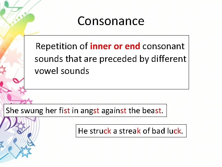 Consonance Repetition of inner or end consonant sounds that are preceded by different vowel