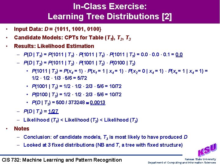 In-Class Exercise: Learning Tree Distributions [2] • Input Data: D {1011, 1001, 0100} •