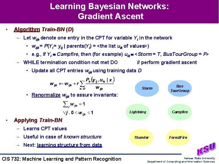 Learning Bayesian Networks: Gradient Ascent • Algorithm Train-BN (D) – Let wijk denote one