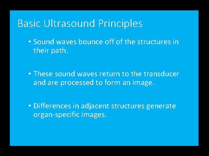 Basic Ultrasound Principles • Sound waves bounce off of the structures in their path.