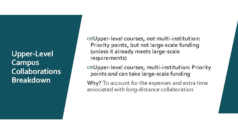 Upper-Level Campus Collaborations Breakdown Upper-level courses, not multi-institution: Priority points, but not large-scale funding
