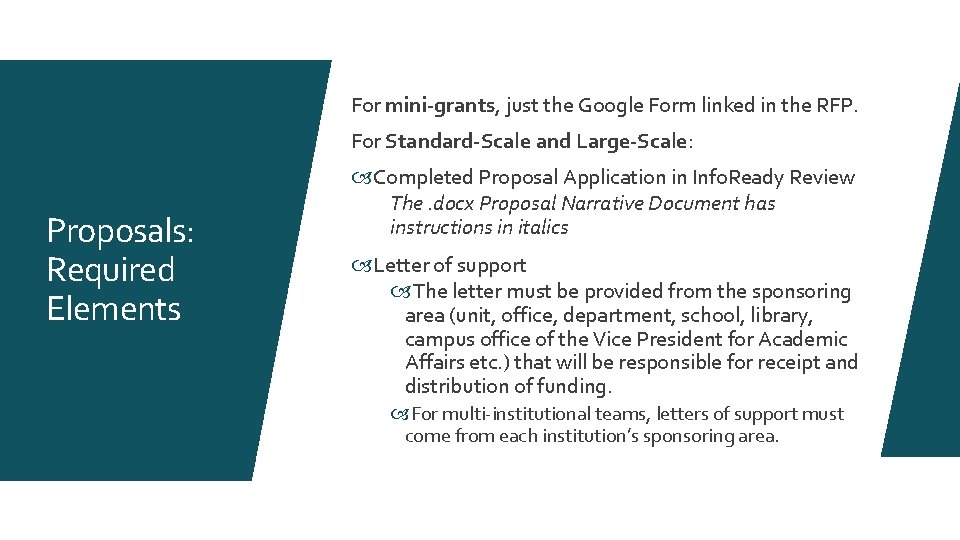 For mini-grants, just the Google Form linked in the RFP. For Standard-Scale and Large-Scale: