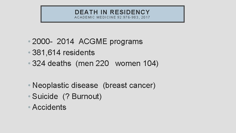 DEATH IN RESIDENCY ACADEMIC MEDICINE 92: 976 -983, 2017 • 2000 - 2014 ACGME