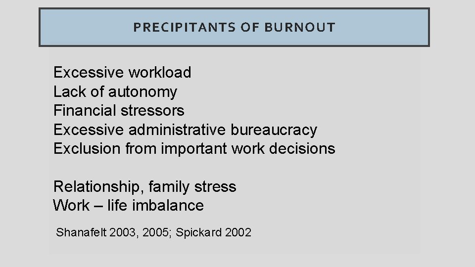PRECIPITANTS OF BURNOUT Excessive workload Lack of autonomy Financial stressors Excessive administrative bureaucracy Exclusion