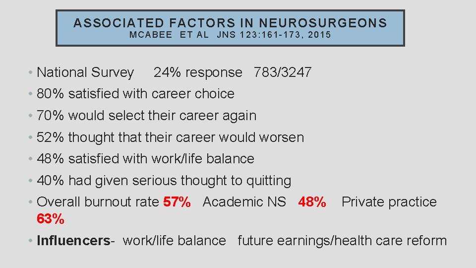 ASSOCIATED FACTORS IN NEUROSURGEONS MCABEE ET AL JNS 123: 161 -173, 2015 • National
