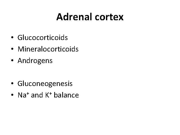 Adrenal cortex • Glucocorticoids • Mineralocorticoids • Androgens • Gluconeogenesis • Na+ and K+