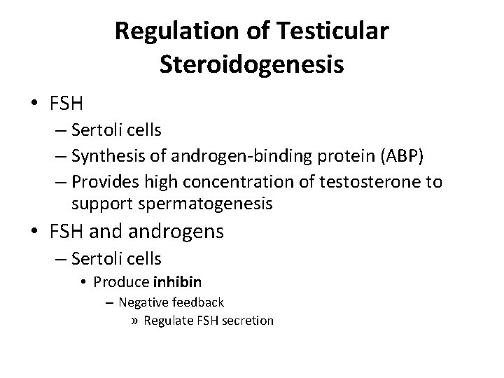 Regulation of Testicular Steroidogenesis • FSH – Sertoli cells – Synthesis of androgen-binding protein