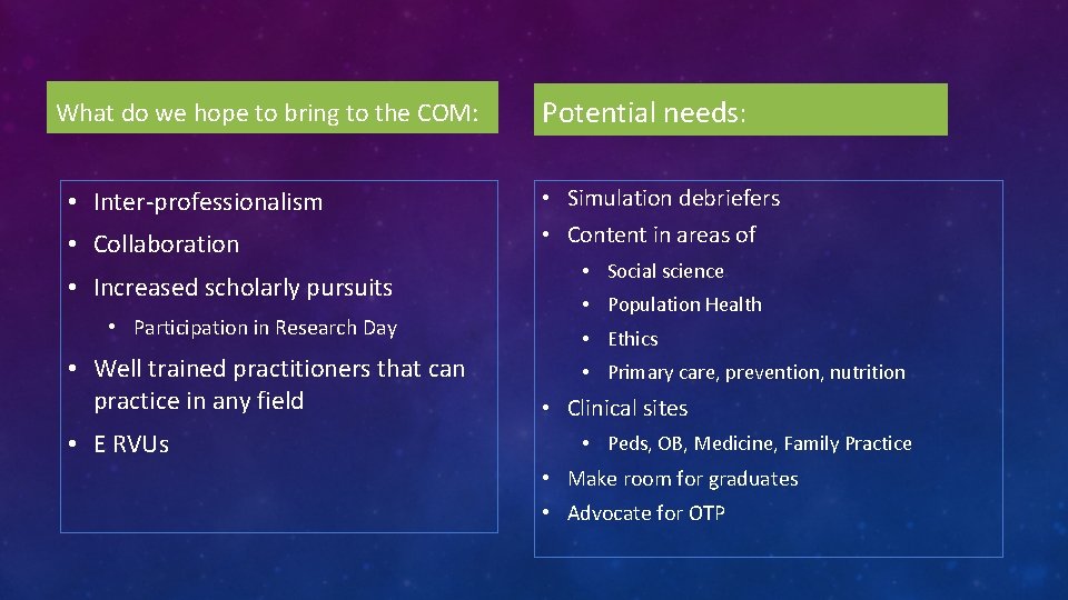 What do we hope to bring to the COM: Potential needs: • Inter-professionalism •