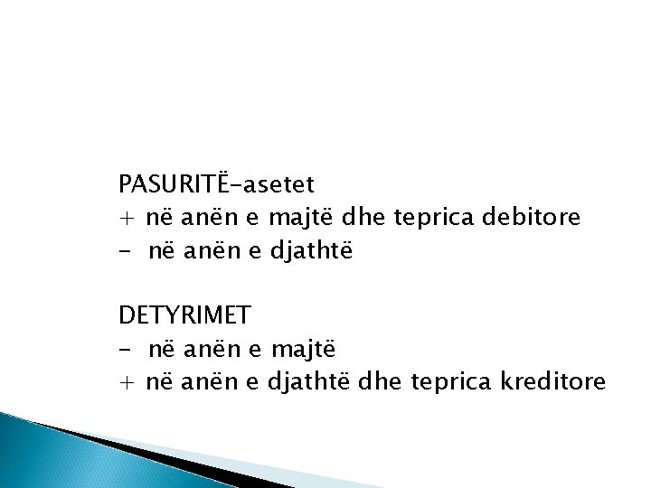 PASURITË-asetet + në anën e majtë dhe teprica debitore - në anën e djathtë