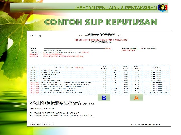 JABATAN PENILAIAN & PENTAKSIRAN CONTOH SLIP KEPUTUSAN B A 