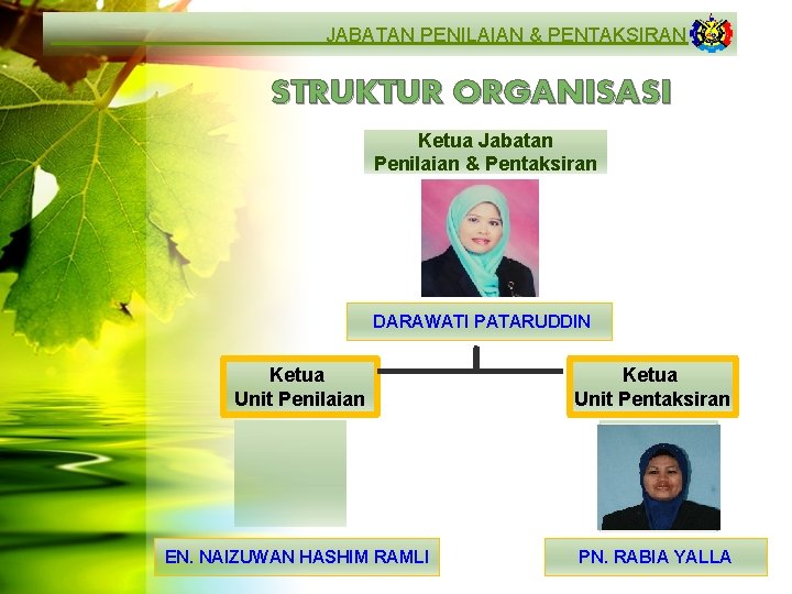 JABATAN PENILAIAN & PENTAKSIRAN STRUKTUR ORGANISASI Ketua Jabatan Penilaian & Pentaksiran DARAWATI PATARUDDIN Ketua