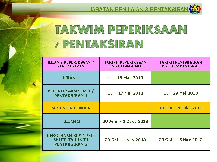 JABATAN PENILAIAN & PENTAKSIRAN TAKWIM PEPERIKSAAN / PENTAKSIRAN UJIAN / PEPERIKSAAN / PENTAKSIRAN TARIKH