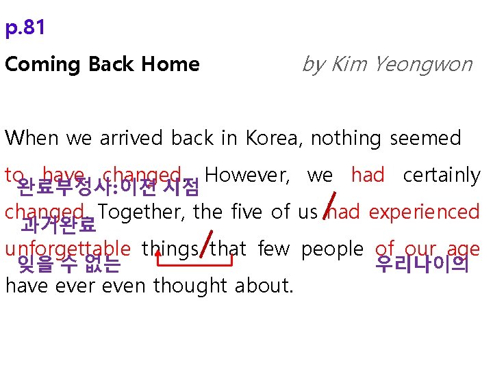 p. 81 Coming Back Home by Kim Yeongwon When we arrived back in Korea,