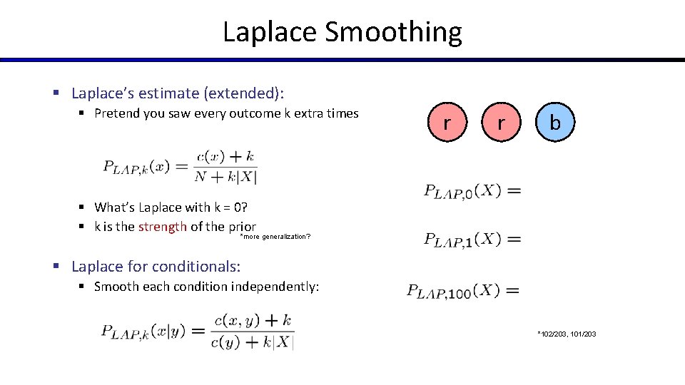 Laplace Smoothing § Laplace’s estimate (extended): § Pretend you saw every outcome k extra