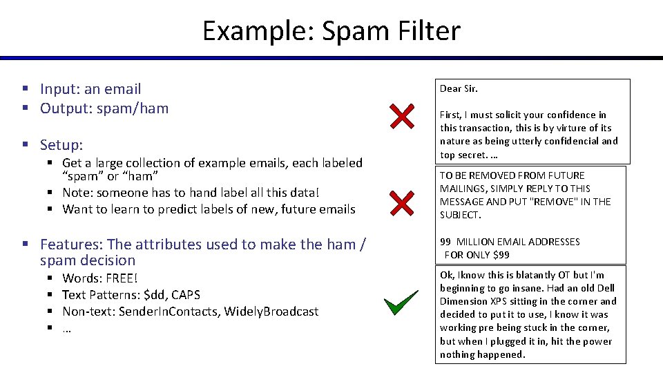 Example: Spam Filter § Input: an email § Output: spam/ham § Setup: § Get