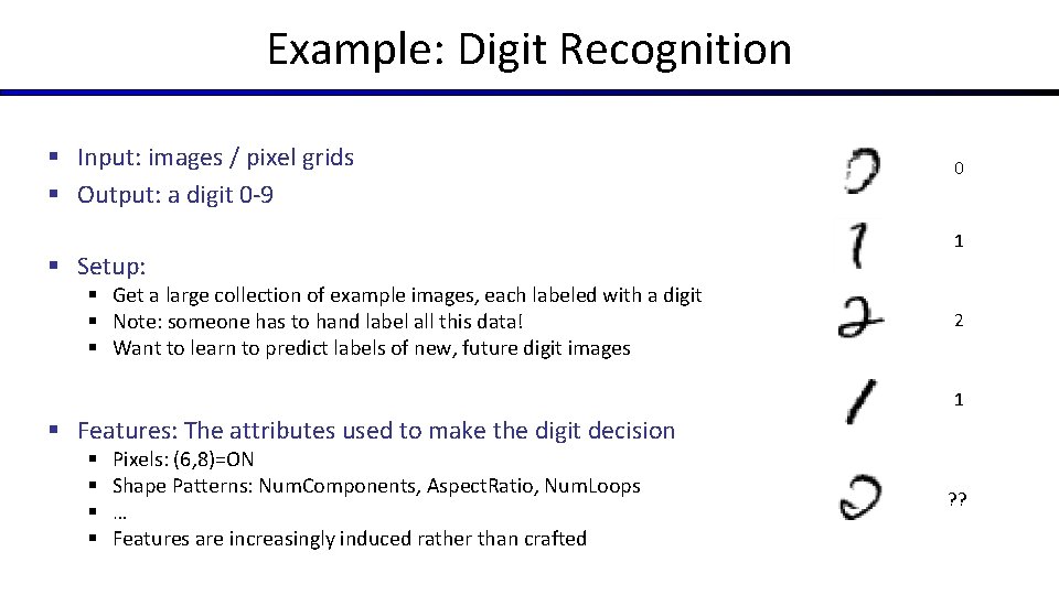 Example: Digit Recognition § Input: images / pixel grids § Output: a digit 0