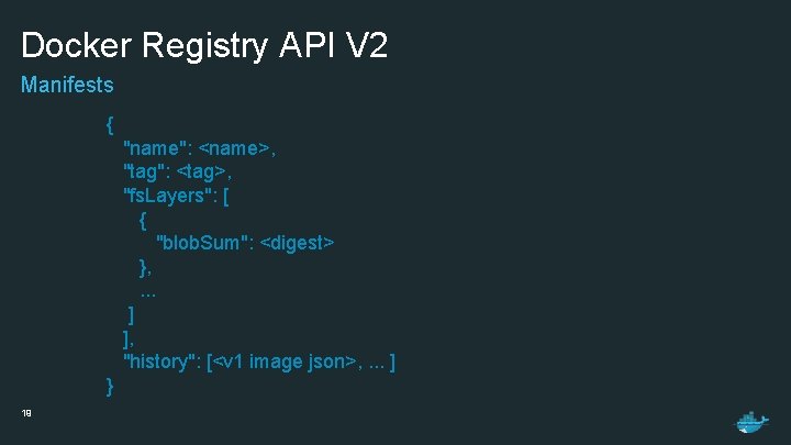 Docker Registry API V 2 Manifests { "name": <name>, "tag": <tag>, "fs. Layers": [