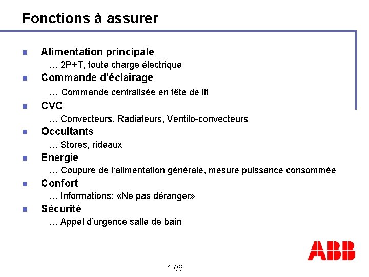 Fonctions à assurer n Alimentation principale … 2 P+T, toute charge électrique n Commande