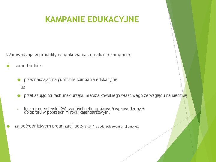 KAMPANIE EDUKACYJNE Wprowadzający produkty w opakowaniach realizuje kampanie: samodzielnie: przeznaczając na publiczne kampanie edukacyjne