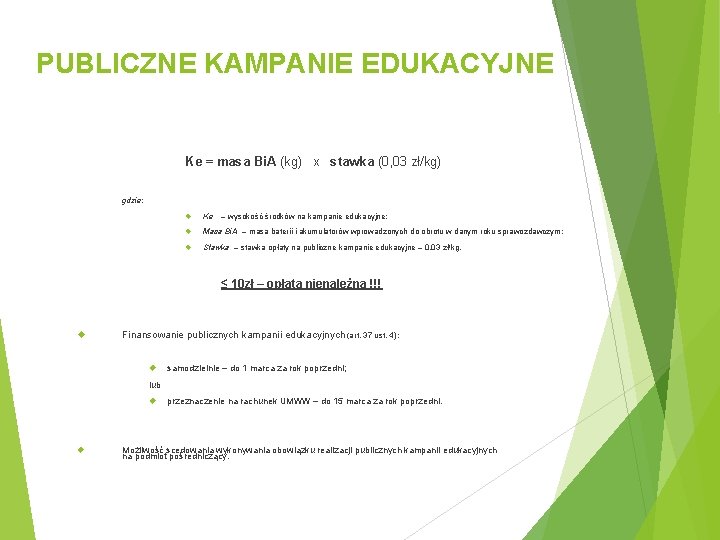 PUBLICZNE KAMPANIE EDUKACYJNE Ke = masa Bi. A (kg) x stawka (0, 03 zł/kg)