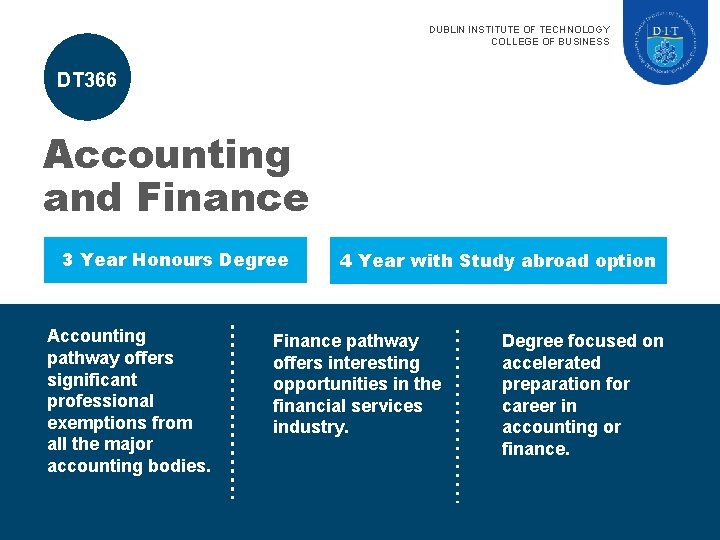 DUBLIN INSTITUTE OF TECHNOLOGY COLLEGE OF BUSINESS DT 366 Accounting and Finance 3 Year