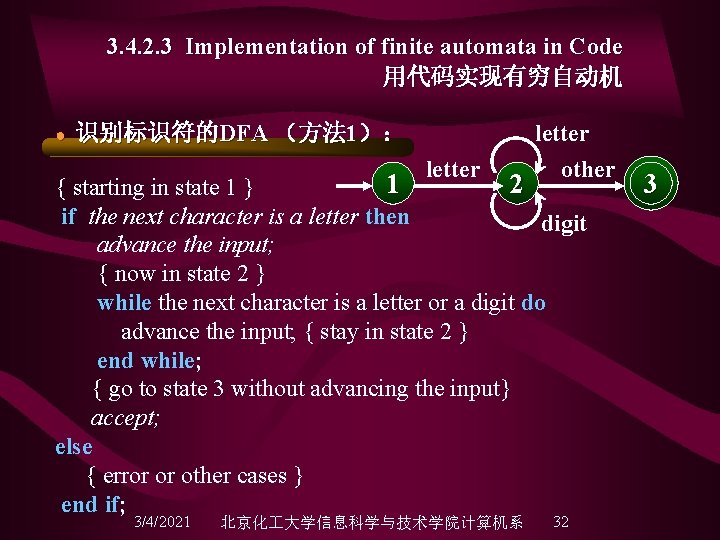 3. 4. 2. 3 Implementation of finite automata in Code 用代码实现有穷自动机 ● 识别标识符的DFA （方法