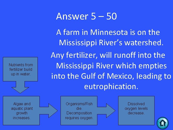 Answer 5 – 50 Nutrients from fertilizer build up in water. Algae and aquatic