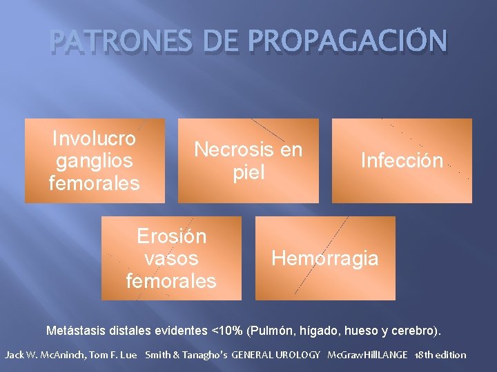PATRONES DE PROPAGACIÓN Involucro ganglios femorales Necrosis en piel Erosión vasos femorales Infección Hemorragia