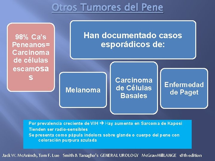 Otros Tumores del Pene 98% Ca’s Peneanos= Carcinoma de células escamosa Han documentado casos