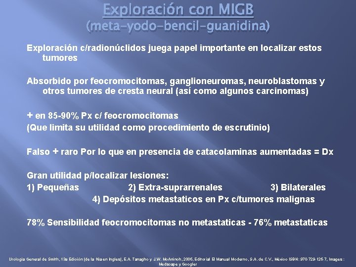 Exploración con MIGB (meta-yodo-bencil-guanidina) Exploración c/radionúclidos juega papel importante en localizar estos tumores Absorbido