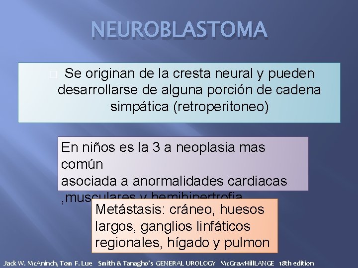 NEUROBLASTOMA Se originan de la cresta neural y pueden desarrollarse de alguna porción de