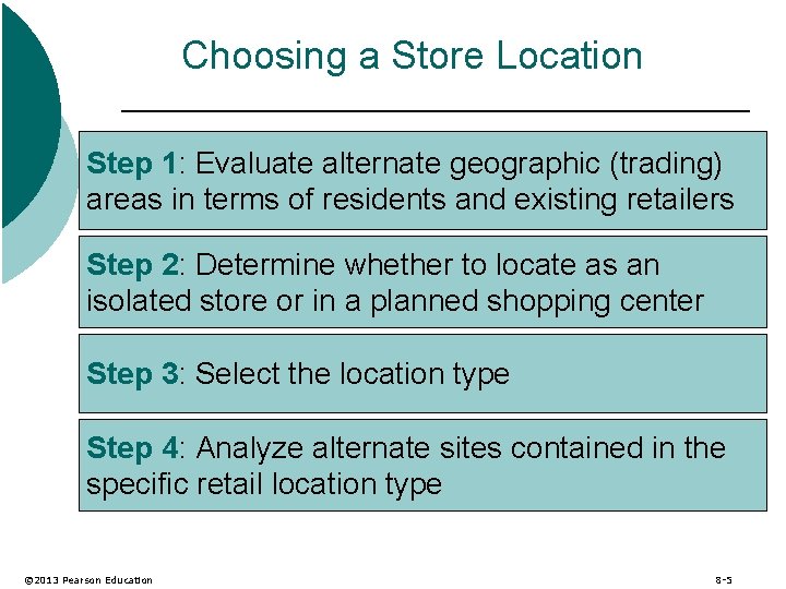 Choosing a Store Location Step 1: Evaluate alternate geographic (trading) areas in terms of