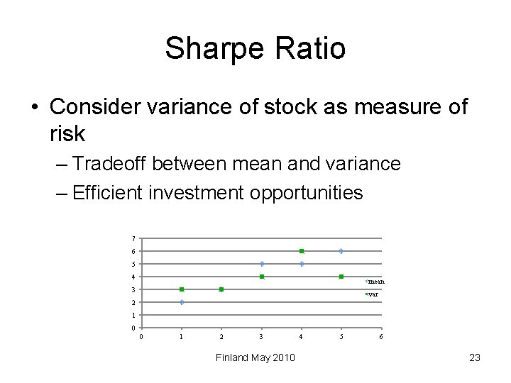 Sharpe Ratio • Consider variance of stock as measure of risk – Tradeoff between