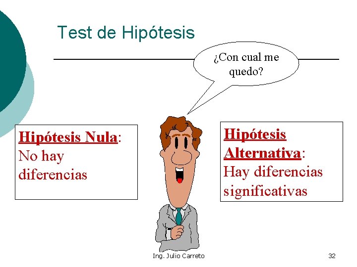 Test de Hipótesis ¿Con cual me quedo? Hipótesis Alternativa: Hay diferencias significativas Hipótesis Nula: