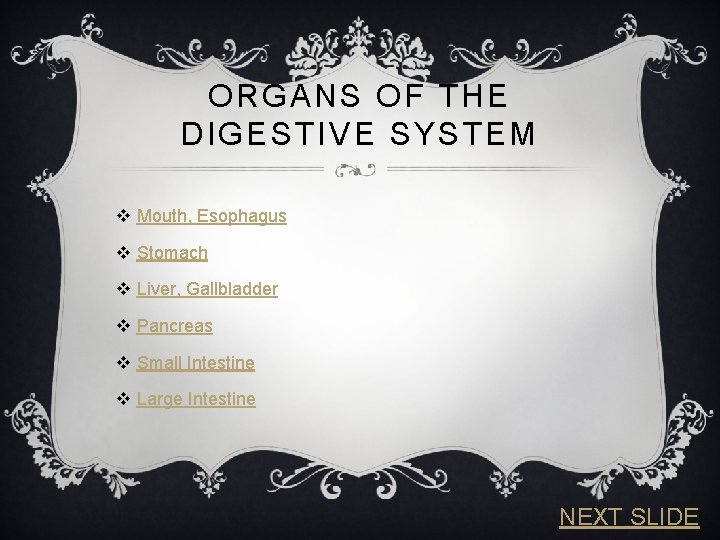 ORGANS OF THE DIGESTIVE SYSTEM v Mouth, Esophagus v Stomach v Liver, Gallbladder v