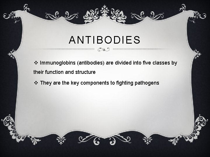 ANTIBODIES v Immunoglobins (antibodies) are divided into five classes by their function and structure