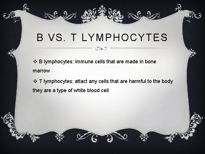 B VS. T LYMPHOCYTES v B lymphocytes: immune cells that are made in bone