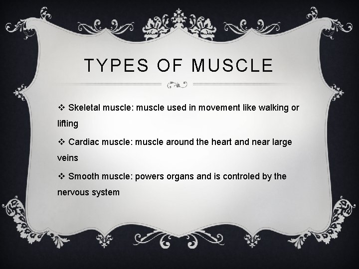 TYPES OF MUSCLE v Skeletal muscle: muscle used in movement like walking or lifting