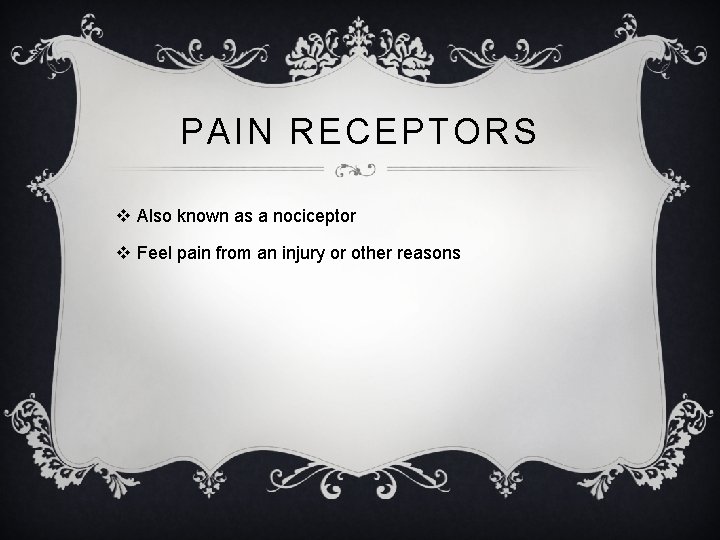PAIN RECEPTORS v Also known as a nociceptor v Feel pain from an injury