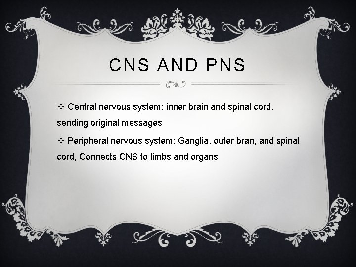 CNS AND PNS v Central nervous system: inner brain and spinal cord, sending original